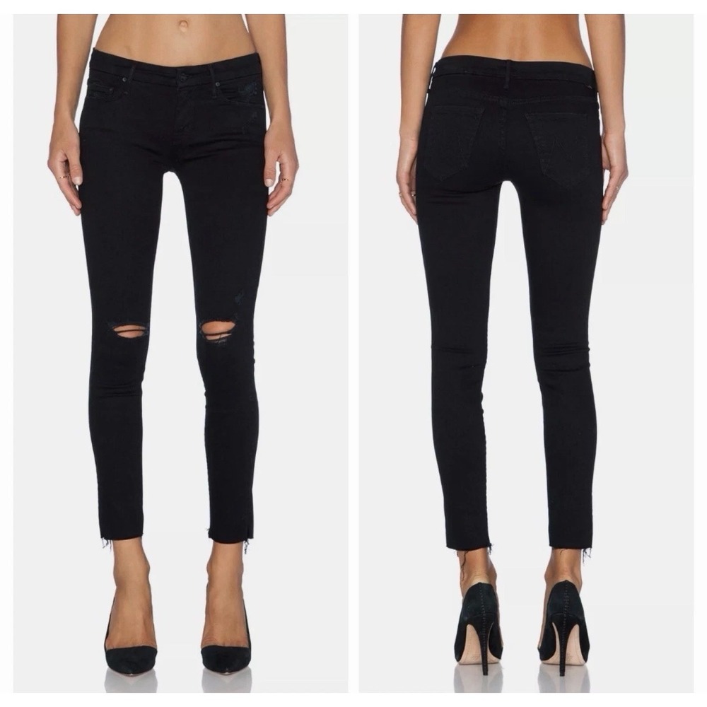 MOTHER Size 24 The Looker Ankle Fray Jeans Guilty As Sin Black Distress Raw Hem